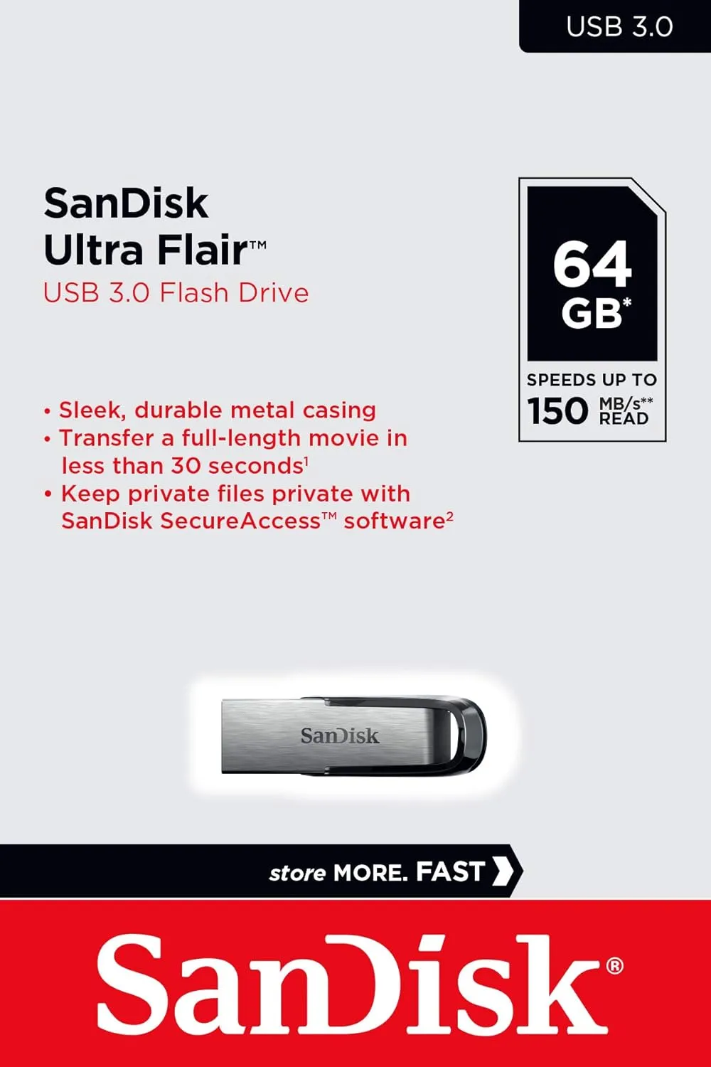 SanDisk Ultra Flair USB 3.O Flash Drive 64GB 150mb/s 