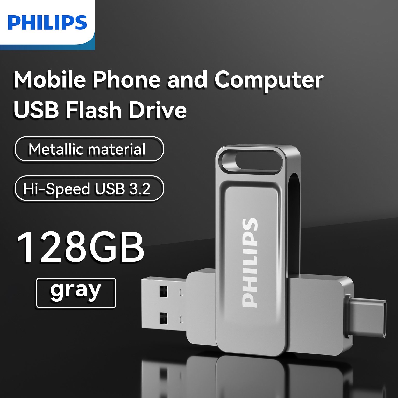 ​Philips 128GB USB 3.2 & Type-C Flash Drive - Dual Port High-Speed for Phone/PC